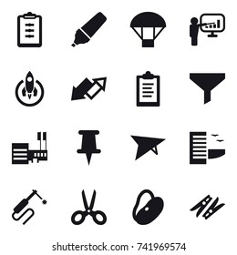 16 vector icon set : clipboard, marker, parachute, presentation, rocket, up down arrow, funnel, mall, deltaplane, hotel, scissors, clothespin
