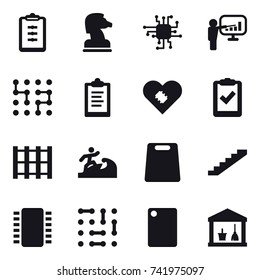 16 vector icon set : clipboard, chess horse, chip, presentation, surfer, cutting board, stairs, utility room