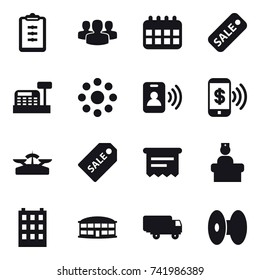 16 vector icon set : clipboard, group, calendar, sale, cashbox, round around, pass card, phone pay, scales, sale label, atm receipt, building, airport building