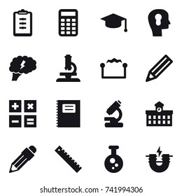 16 vector icon set : clipboard, calculator, graduate hat, bulb head, brain, microscope, electrostatic, pencil, copybook, university, ruler