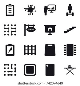 16 vector icon set : clipboard, chip, presentation, hoverboard, shop signboard, stairs, cutting board, iron board