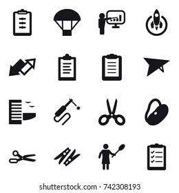 16 vector icon set : clipboard, parachute, presentation, rocket, up down arrow,  plane, hotel, scissors, clothespin, woman with duster, clipboard list