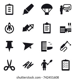 16 vector icon set : clipboard, marker, parachute, presentation, rocket, up down arrow, mall, deltaplane, hotel, scissors, clothespin, woman with pipidaster, clipboard list