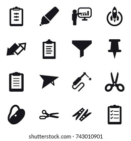 16 vector icon set : clipboard, marker, presentation, rocket, up down arrow, funnel, deltaplane, scissors, clothespin, clipboard list