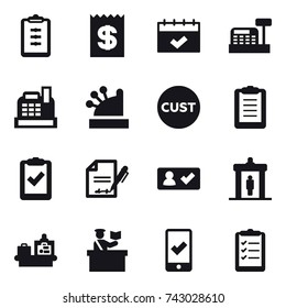 16 vector icon set : clipboard, receipt, calendar, cashbox, check in, detector, baggage checking, inspector, mobile checking, clipboard list
