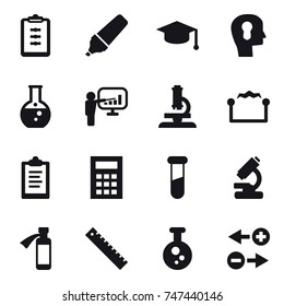 16 vector icon set : clipboard, marker, graduate hat, bulb head, round flask, presentation, microscope, electrostatic, calculator, ruler