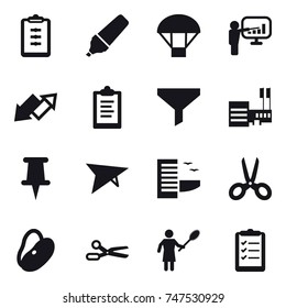 16 vector icon set : clipboard, marker, parachute, presentation, up down arrow, funnel, mall, deltaplane, hotel, scissors, woman with pipidaster, clipboard list