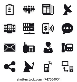 16 vector icon set : clipboard, team, newspaper, satellite antenna, server, phone pay, ballon, mail, intercom