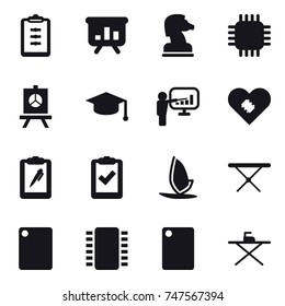16 vector icon set : clipboard, presentation, chess horse, chip, graduate hat, windsurfing, iron board, cutting board