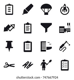 16 vector icon set : clipboard, marker, parachute, rocket, up down arrow, funnel, mall, hotel, scissors, clothespin, woman with pipidaster, clipboard list