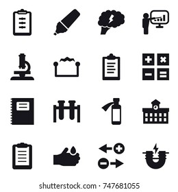 16 vector icon set : clipboard, marker, brain, presentation, microscope, electrostatic, calculator, copybook, university