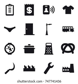 16 vector icon set : clipboard, receipt, pass card, t-shirt, underpants, door, outdoor light, bus, compass, pan, sickle, seedling, wrench, factory