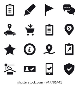 16 vector icon set : clipboard, marker, flag, discussion, car pointer, add to cart, dollar pin, star, info, check in, mobile checking