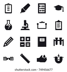 16 vector icon set : clipboard, marker, abacus, graduate hat, round flask, microscope, electrostatic, pencil, calculator, copybook, school, ruler