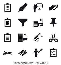 16 vector icon set : clipboard, marker, presentation, up down arrow, funnel, mall, hotel, scissors, clothespin, woman with pipidaster, clipboard list