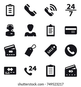16 vector icon set : clipboard, phone, call, 24/7, call center, woman, credit card, label, sale label
