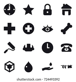16 vector icon set : clock, star, lock, home, repair, building helmet, phone, drop, hand and drop, drying clothe