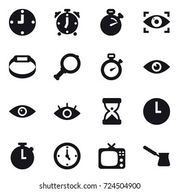 16 vector icon set : clock, alarm clock, stopwatch, eye identity, smart bracelet, magnifier, watch, tv, turk