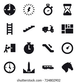 16 vector icon set : clock, lightning, stopwatch, stairs, escalator, barometer, watch, horse