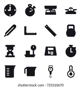 16 vector icon set : clock, stopwatch, market scales, scales, ruler, measuring cup, handle scales