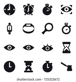 16 vector icon set : clock, alarm clock, stopwatch, eye identity, smartwatch, smart bracelet, magnifier, turk