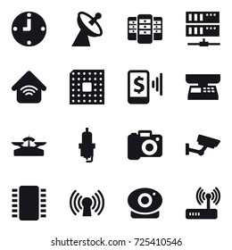 16 vector icon set : clock, satellite antenna, server, wireless home, cpu, mobile pay, market scales, scales, spark plug, camera, surveillance