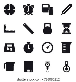 16 vector icon set : clock, alarm clock, scales weight, ruler, barometer, measuring cup, kitchen scales, handle scales