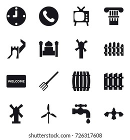 16 vector icon set : clock, phone, tv, column, greate wall, minaret, windmill, fence, welcome mat, fork, barrel, water tap, hard reach place cleaning