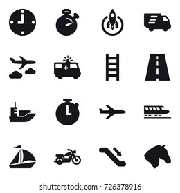 16 vector icon set : clock, stopwatch, rocket, delivery, journey, stairs, plane, train, sail boat, motorcycle, escalator, horse