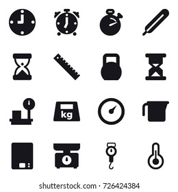 16 vector icon set : clock, alarm clock, stopwatch, ruler, barometer, measuring cup, kitchen scales, handle scales