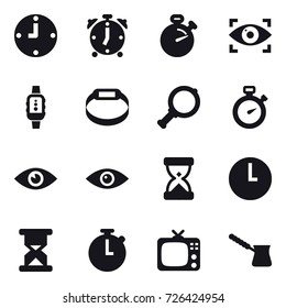 16 vector icon set : clock, alarm clock, stopwatch, eye identity, smartwatch, smart bracelet, magnifier, tv, turk