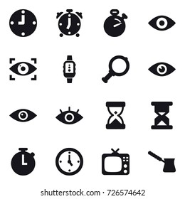 16 vector icon set : clock, alarm clock, stopwatch, eye, eye identity, smartwatch, magnifier, watch, tv, turk
