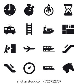 16 vector icon set : clock, stopwatch, rocket, stairs, plane, train, escalator, barometer, horse