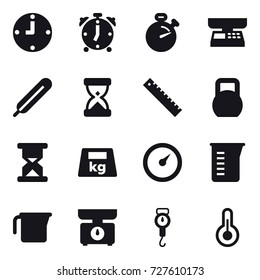 16 vector icon set : clock, alarm clock, stopwatch, market scales, ruler, barometer, measuring cup, kitchen scales, handle scales