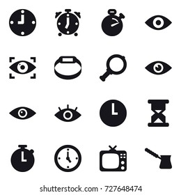 16 vector icon set : clock, alarm clock, stopwatch, eye, eye identity, smart bracelet, magnifier, watch, tv, turk