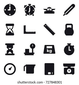 16 vector icon set : clock, alarm clock, scales, ruler, barometer, measuring cup, kitchen scales
