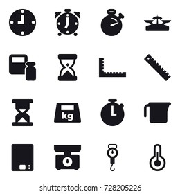 16 vector icon set : clock, alarm clock, stopwatch, scales, scales weight, ruler, measuring cup, kitchen scales, handle scales