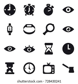 16 vector icon set : clock, alarm clock, stopwatch, eye, smartwatch, smart bracelet, magnifier, watch, tv, turk