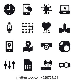 16 vector icon set : clock, touch, chip, notebook, smartwatch, cardio chip, castle, surveillance camera