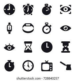 16 vector icon set : clock, alarm clock, stopwatch, eye identity, smartwatch, smart bracelet, watch, tv, turk