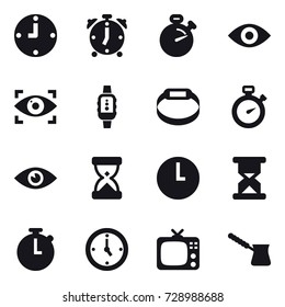 16 vector icon set : clock, alarm clock, stopwatch, eye, eye identity, smartwatch, smart bracelet, watch, tv, turk