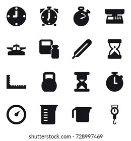 16 vector icon set : clock, alarm clock, stopwatch, market scales, scales, scales weight, ruler, barometer, measuring cup, handle scales