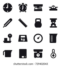 16 vector icon set : clock, alarm clock, market scales, scales, ruler, barometer, measuring cup, kitchen scales