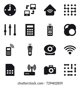 16 vector icon set : clock, notebook connect, wireless home, chip, equalizer, calculator, remote control