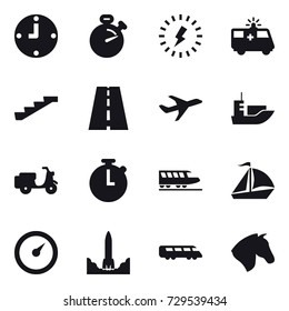 16 vector icon set : clock, stopwatch, lightning, stairs, train, sail boat, barometer, horse
