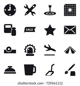 16 vector icon set : clock, pencil wrench, target, cpu, scales weight, sale, star, mail, arrival, tent, service bell, cup, scoop, toilet brush
