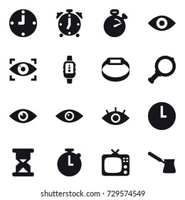 16 vector icon set : clock, alarm clock, stopwatch, eye, eye identity, smartwatch, smart bracelet, magnifier, tv, turk