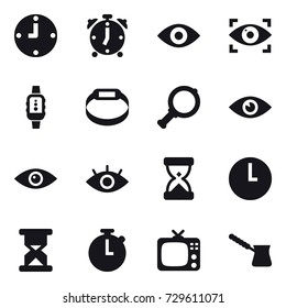 16 vector icon set : clock, alarm clock, eye, eye identity, smartwatch, smart bracelet, magnifier, tv, turk