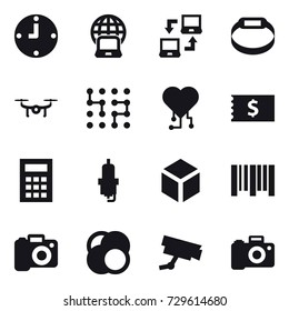 16 vector icon set : clock, notebook globe, notebook connect, smart bracelet, drone, chip, cardio chip, receipt, calculator, spark plug, 3d, camera