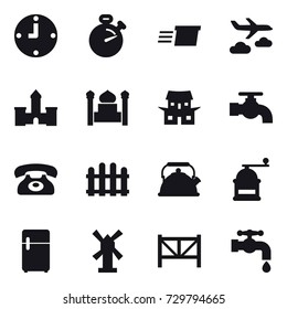 16 vector icon set : clock, stopwatch, delivery, journey, castle, minaret, japanese house, water tap, phone, fence, kettle, hand mill, windmill, farm fence